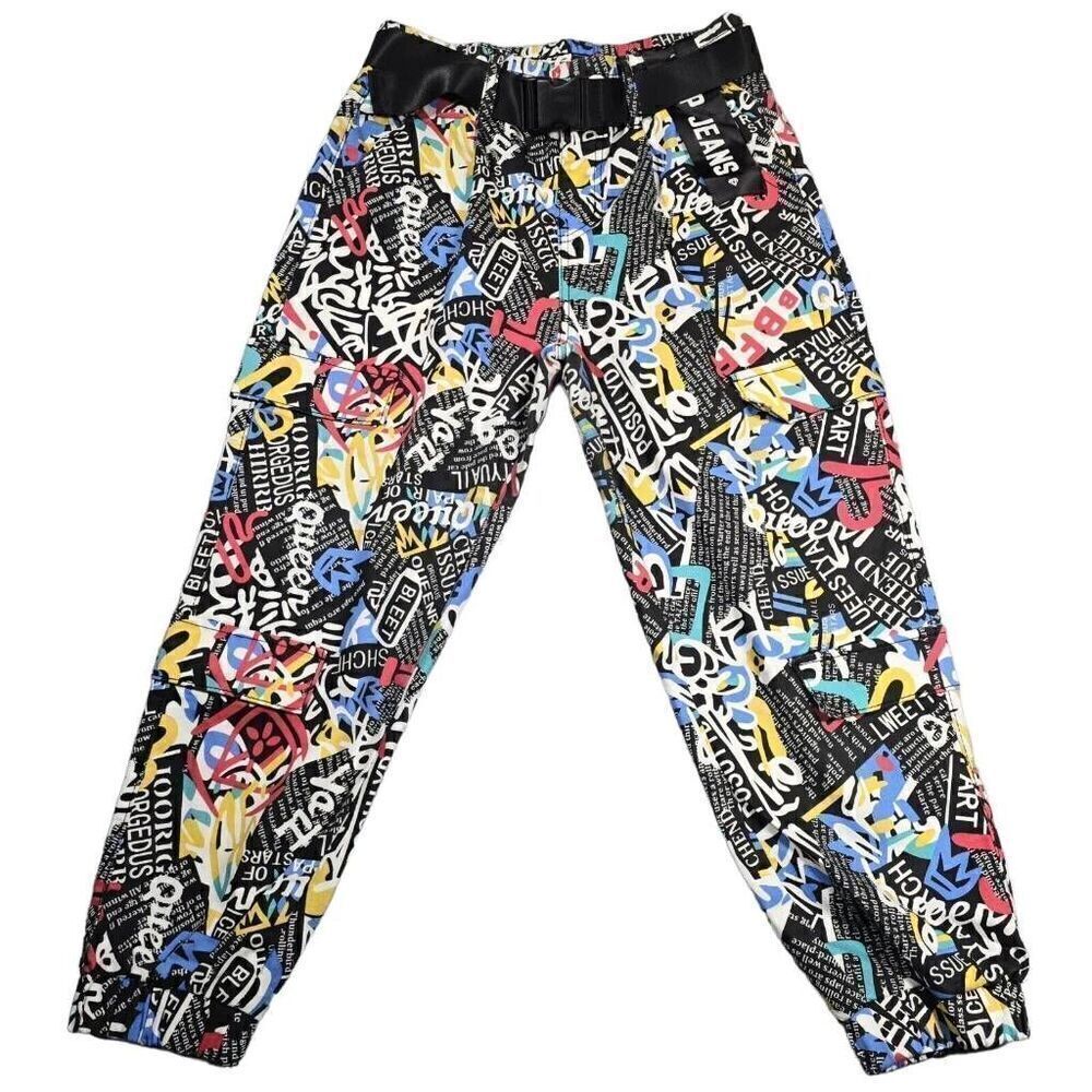 VIP Jeans Faux Cargo Joggers Womens Sz 7 Urban Graffiti All‎ Over Print Gorpcore - Picture 2 of 11
